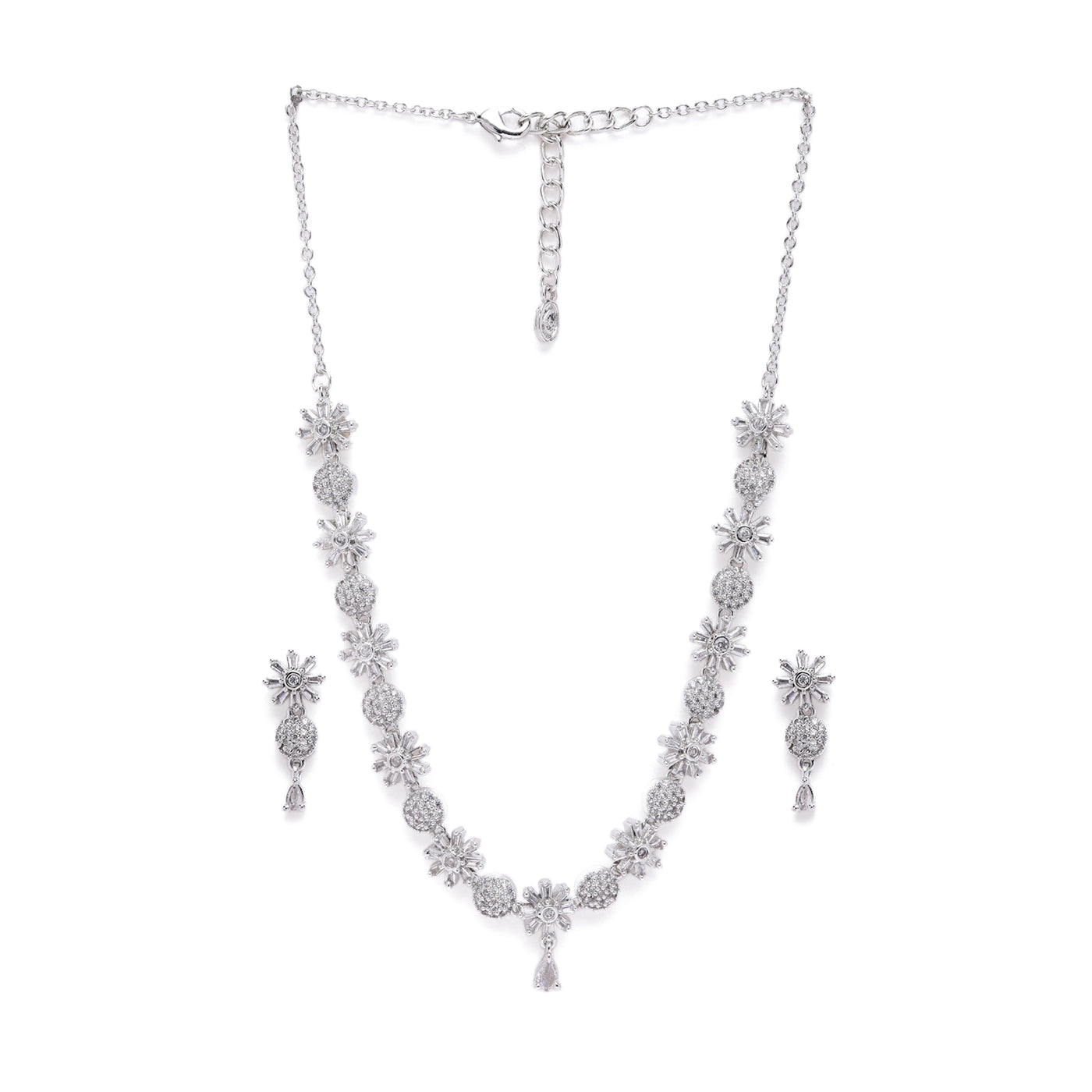 Estele Valentine Special – Floral-Inspired Rhodium-Plated American Diamond Necklace Set for Women – Lightweight, Timeless Elegance