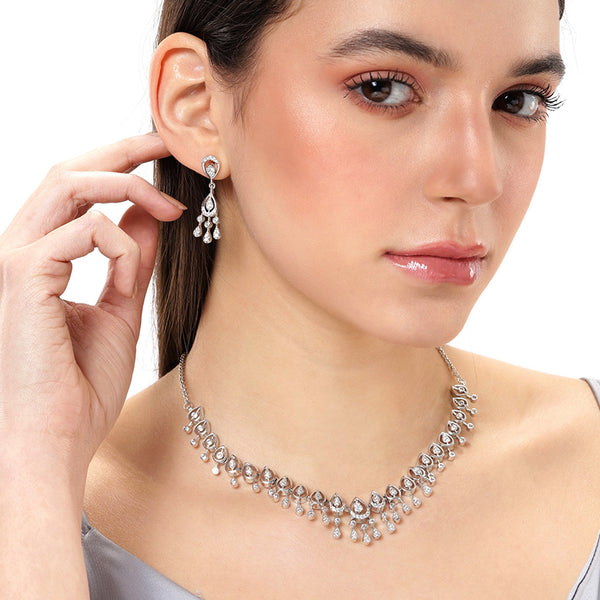 Estele Crystal Blooms Rhodium Plated Lightweight White American Diamond Necklace Set for Women-Dazzling Shine for Every Occasion