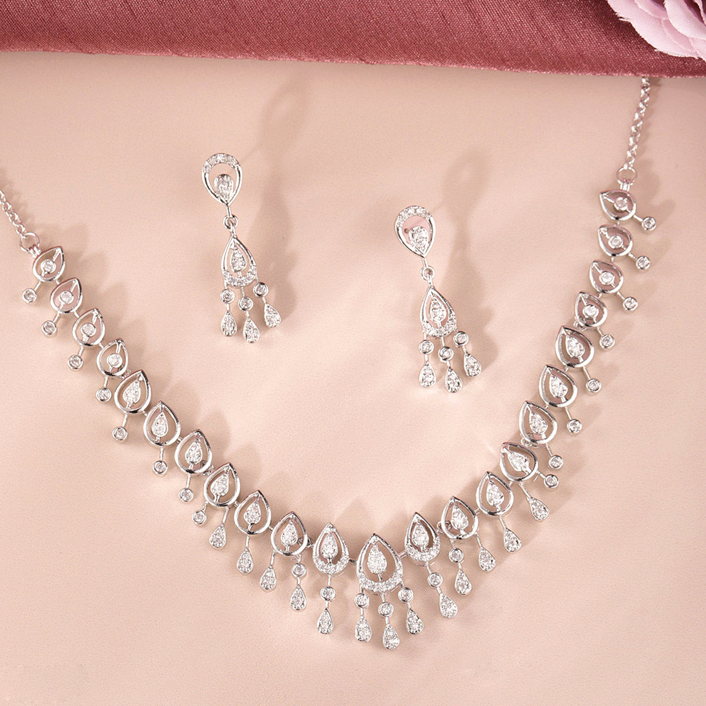 Estele Valentine Special – Rhodium Plated Lightweight White American Diamond Necklace Set for Women– Dazzling Shine for Every Occasion