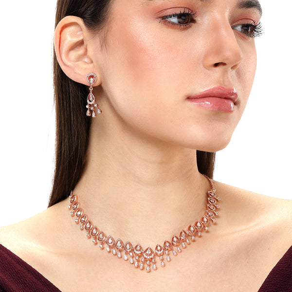 Estele Crystal Blooms Exclusive Rosegold-Plated White American Diamond Necklace Set for Women Lightweight & Sparkling Elegance