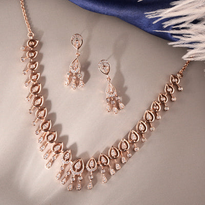 Estele Valentine Special – Exclusive Rosegold-Plated White American Diamond Necklace Set for Women – Lightweight & Sparkling Elegance