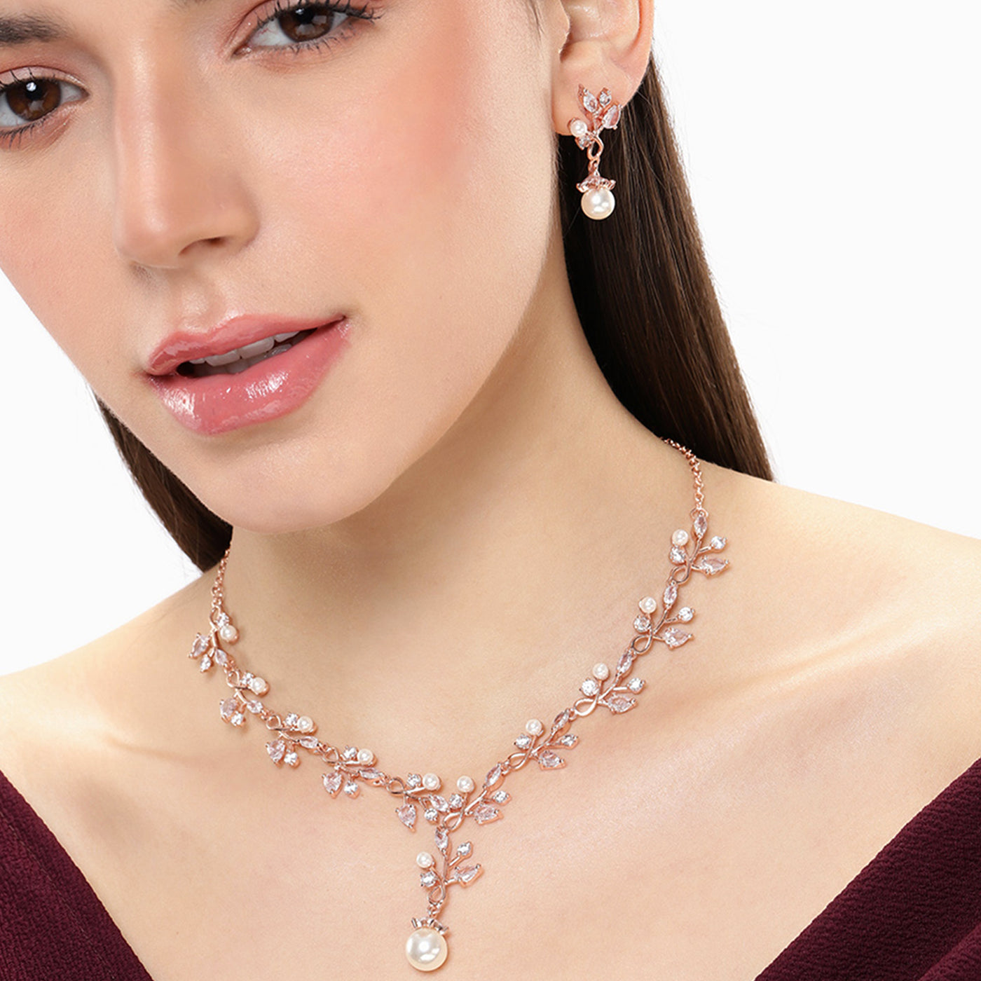 Estele Valentine Special – Classic & Modern Lightweight American Diamond Necklace Set with Premium Rosegold Finish – A Sparkling Masterpiece