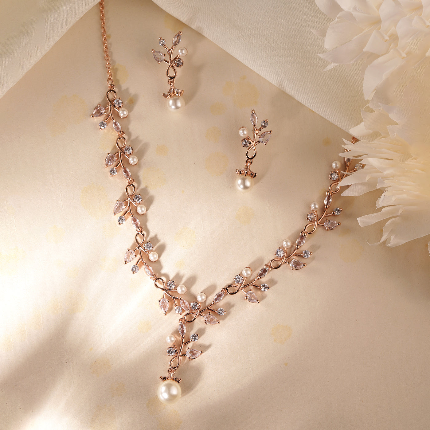 Estele Valentine Special – Classic & Modern Lightweight American Diamond Necklace Set with Premium Rosegold Finish – A Sparkling Masterpiece