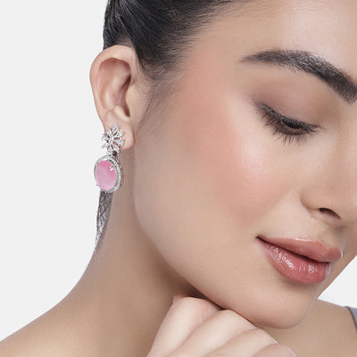 Estele Rhodium Plated CZ Gorgeous Drop Earrings with Mint Pink Stones for Women