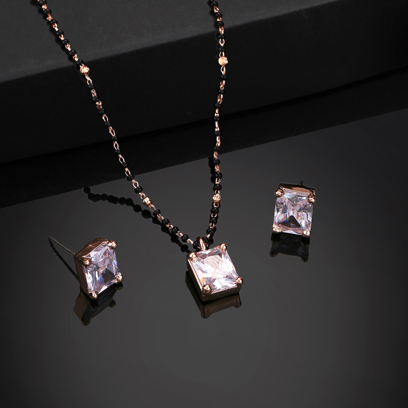 Estele Rose Gold Plated CZ Square Designer Mangalsutra Necklace Set for Women