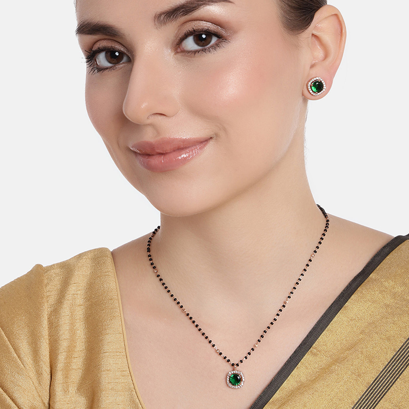 Estele Rose Gold Plated CZ Sparkling Square Designer Mangalsutra Necklace Set with Green Stones for Women