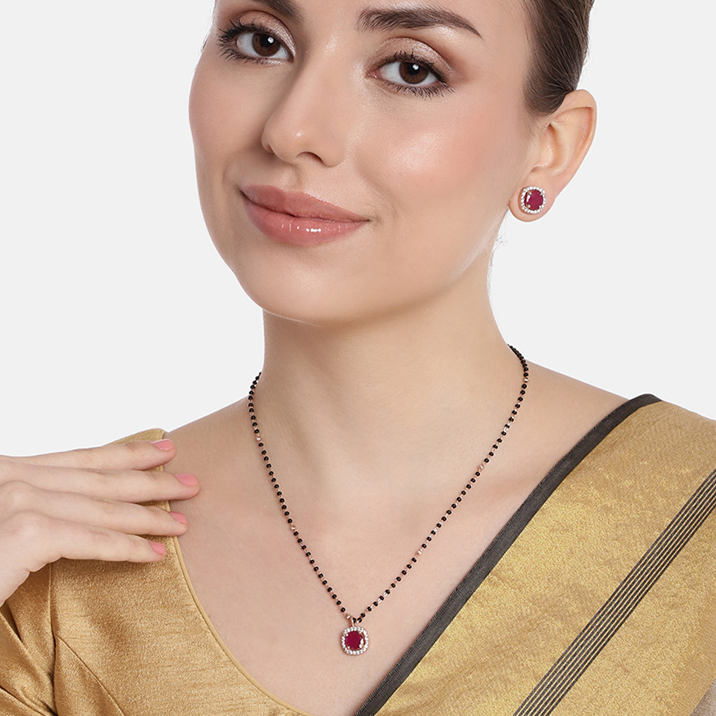 Estele Rose Gold Plated Trendy Lightweight Square Charm Mangalsutra Necklace Set with Ruby American Diamonds for Women