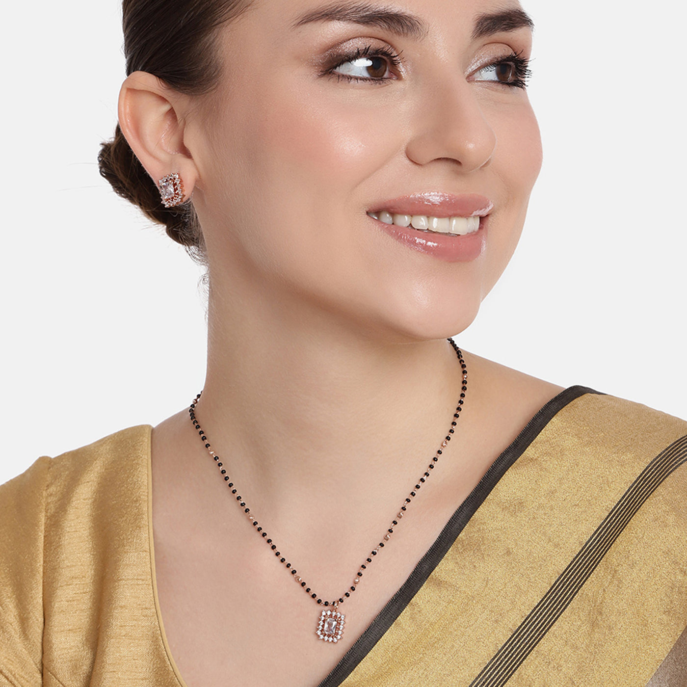 Estele Rose Gold Plated CZ Square Designer Mangalsutra Necklace Set for Women