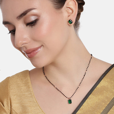 Estele Rose Gold Plated CZ Square Designer Mangalsutra Necklace Set with Emerald for Women