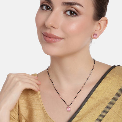 Estele Rose Gold Plated CZ Square Designer Mangalsutra Necklace Set with Mint Pink Stones for Women