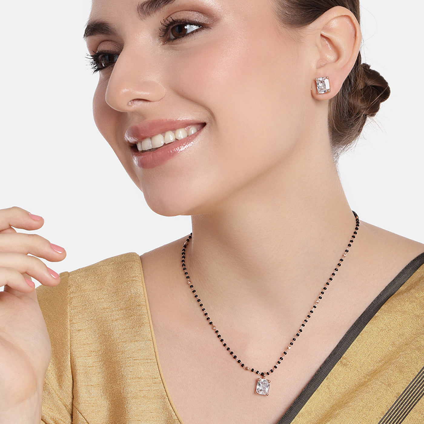 Estele Rose Gold Plated CZ Square Designer Mangalsutra Necklace Set for Women