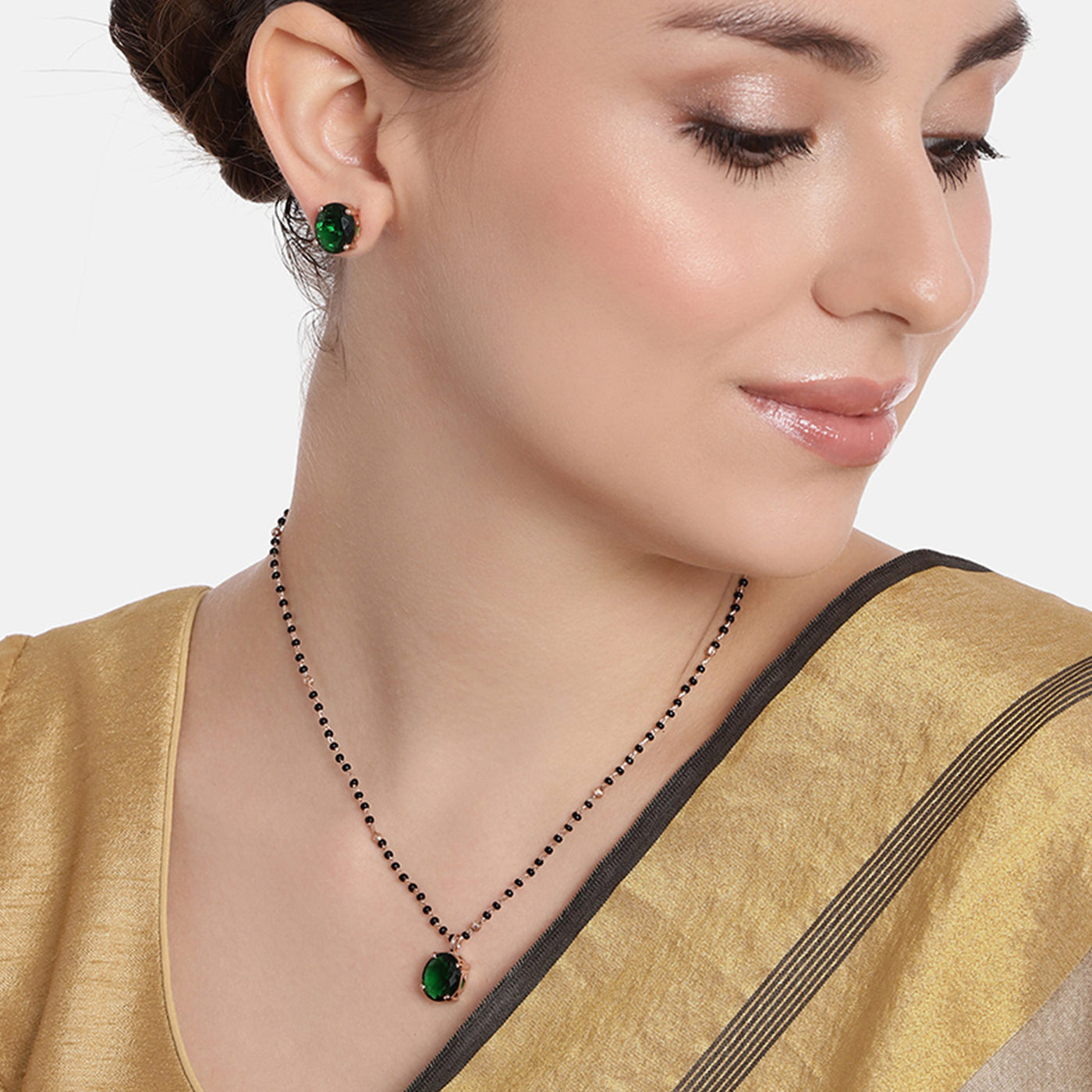 Estele Rose Gold Plated Elegant Round Design Trendy Mangalsutra Necklace Set with Emerald Stones for Women