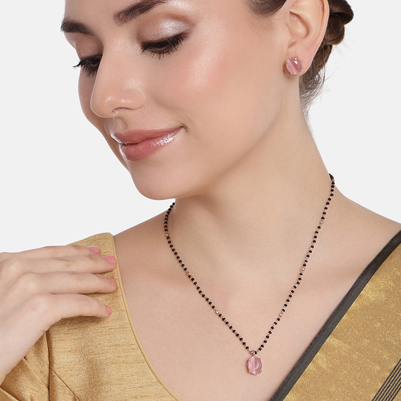 Estele Rose Gold Plated CZ Elegant Round Designer Mangalsutra Necklace Set with Mint Pink Stones for Women