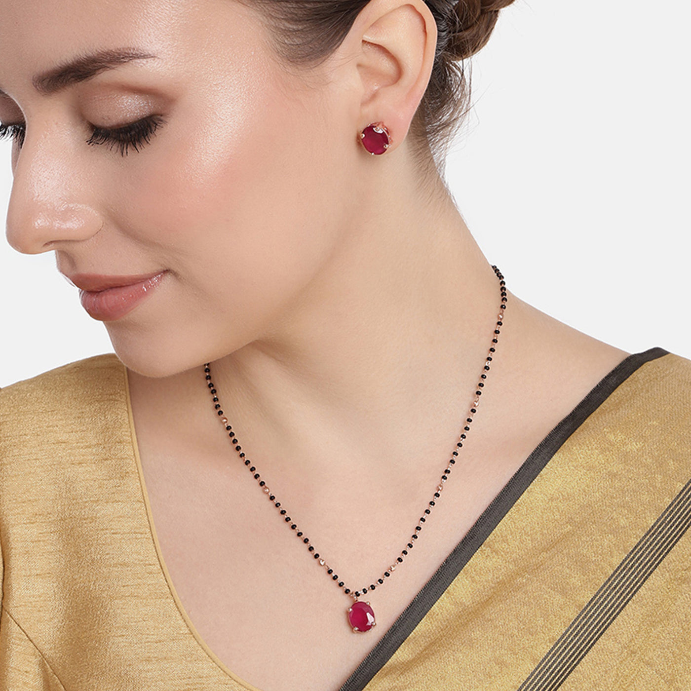 Estele Rose Gold Plated CZ Spherical Maangalsutra Necklace Set with Ruby Stones for Women