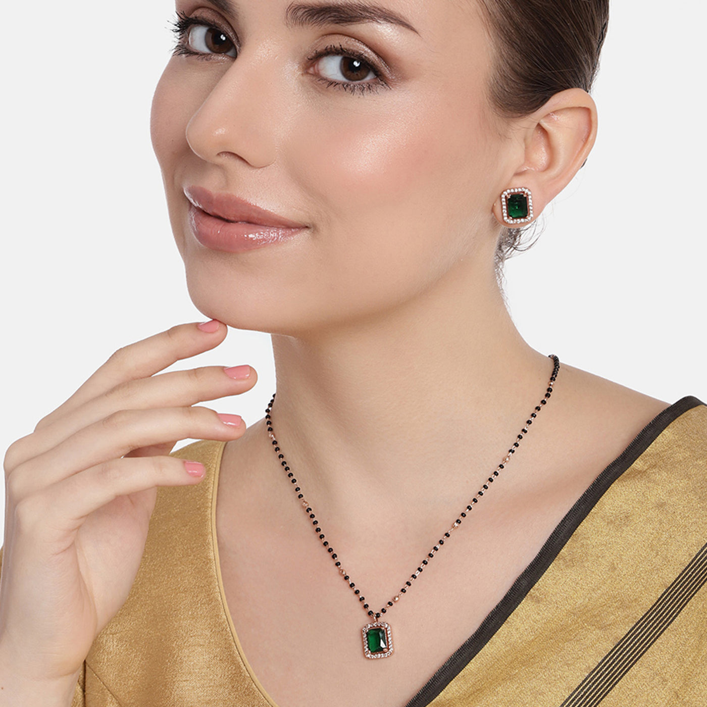 Estele Rosegold Plated CZ Square Designer Mangalsutra Necklace Set with Emerald Stones for Women