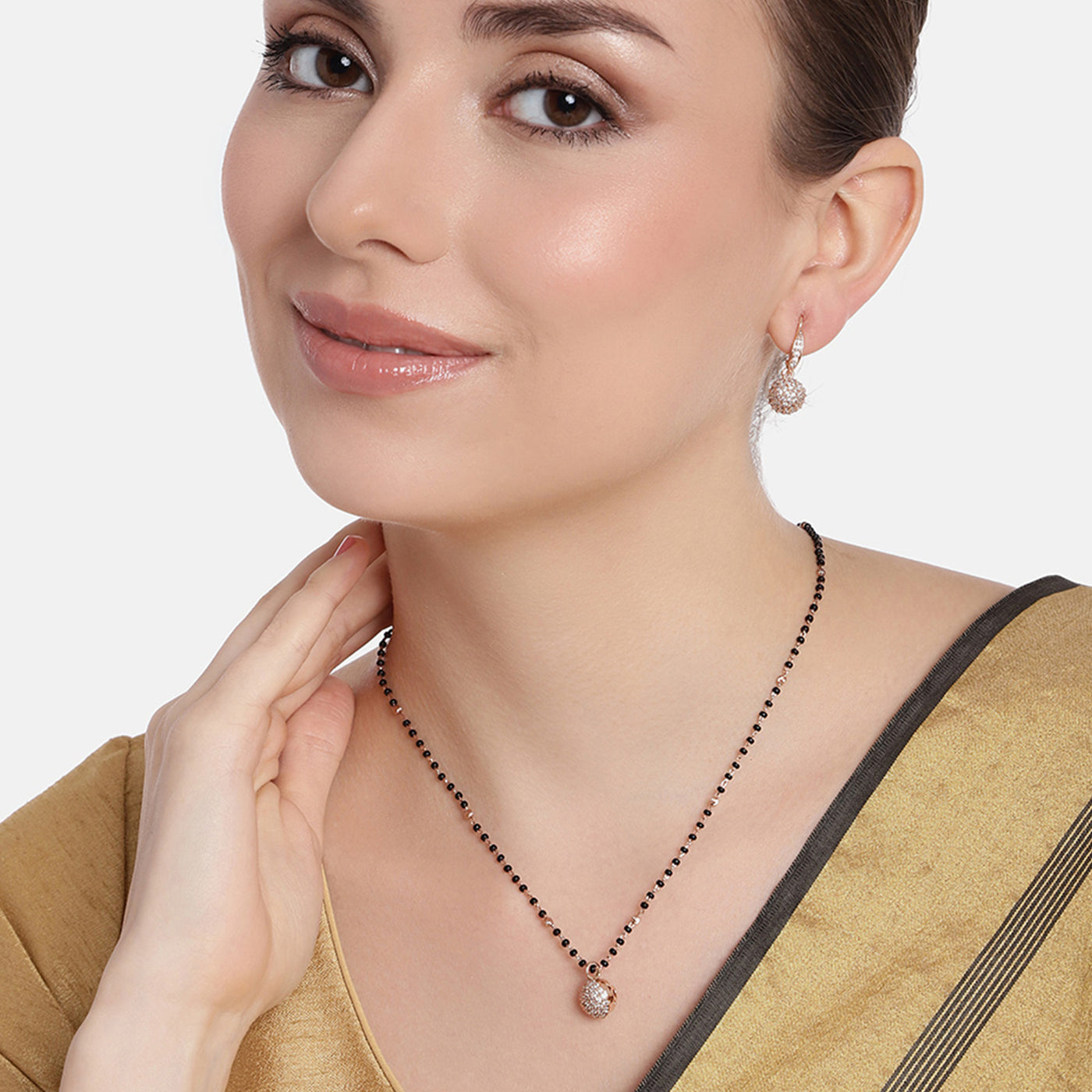 Estele Rosegold Plated CZ Beautiful Round Designer Mangalsutra Necklace Set with White Austrian Crystals for Women