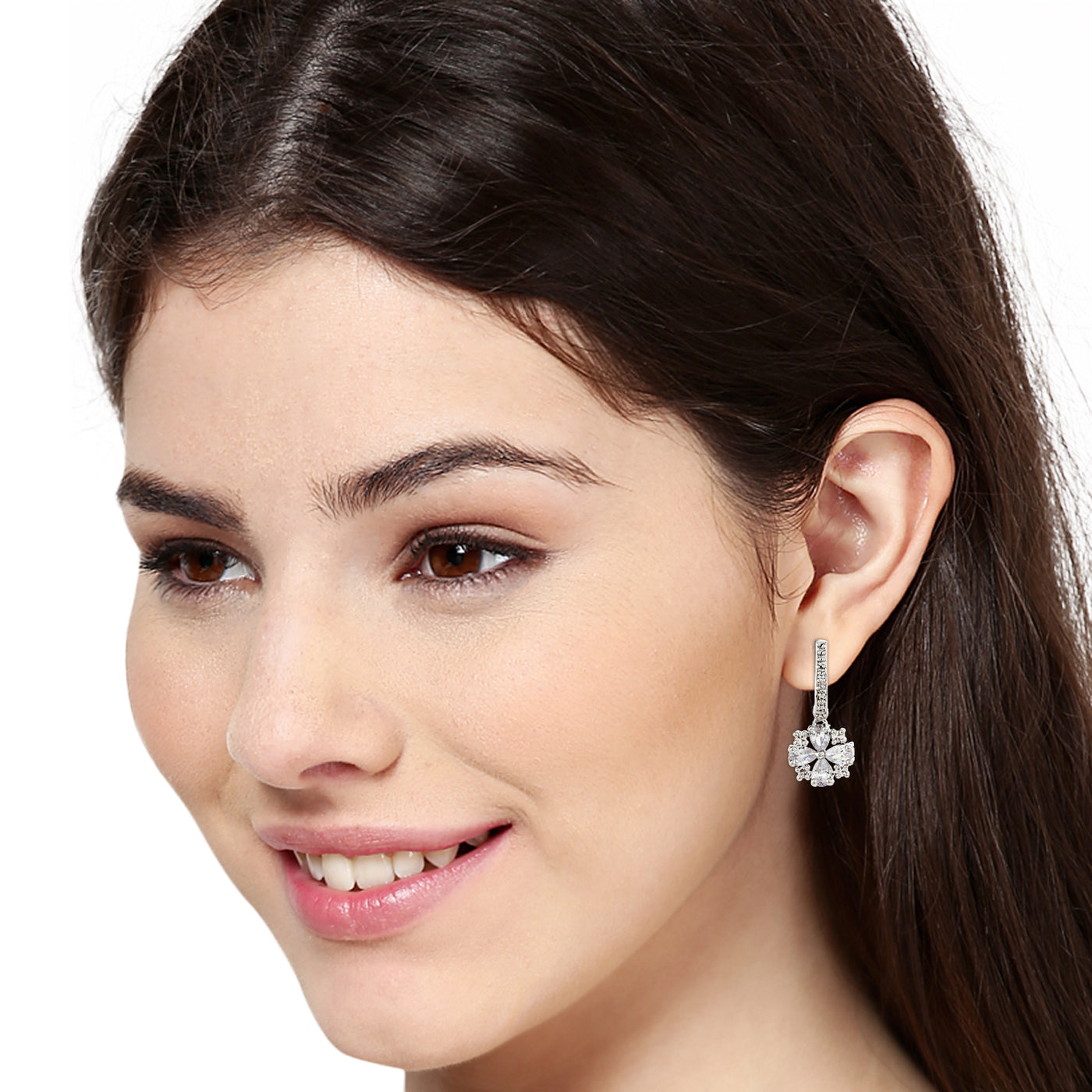 Estele Rhodium Plated American Diamond Flower Earrings for Women