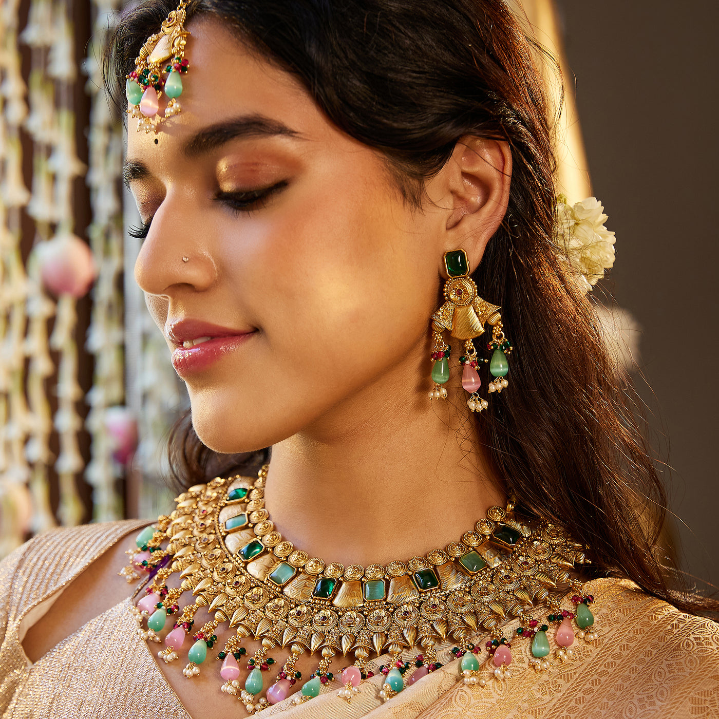 Estele Gold Plated Traditional Multi-color Matte Choker Necklace Set with Earrings and Maang Tikka - Beautiful Bridal Jewelry & Statement for Women