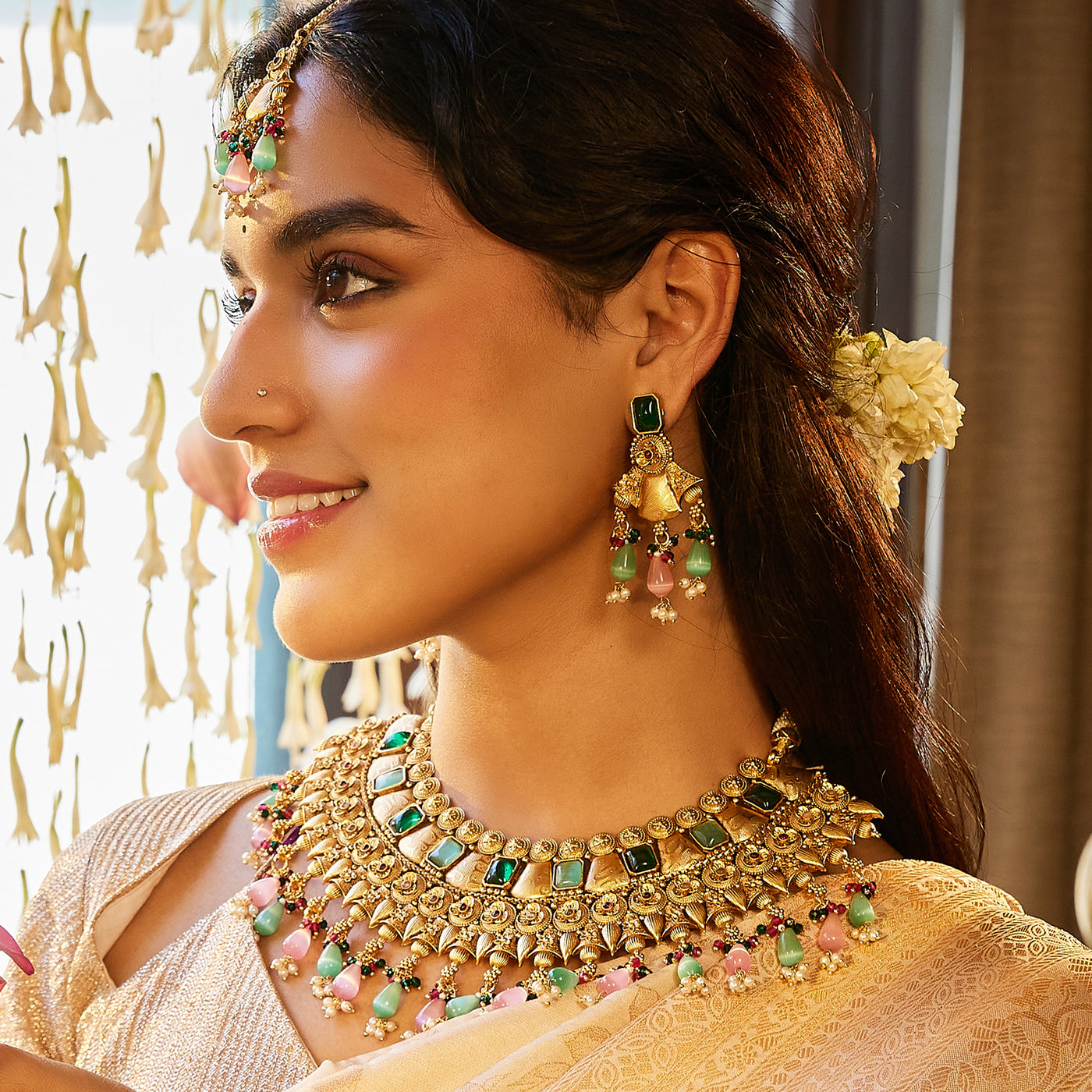 Estele Gold Plated Traditional Multi-color Matte Choker Necklace Set with Earrings and Maang Tikka - Beautiful Bridal Jewelry & Statement for Women