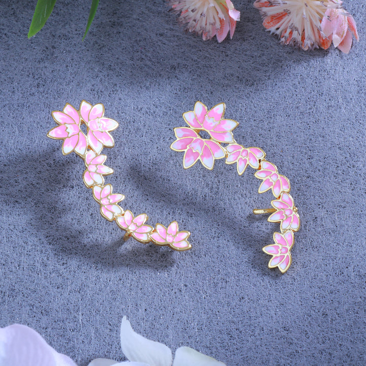 Estele Gold Plated Pink Enamelled Lotus Designer Stylish Cuff Earrings for Girl's & Women