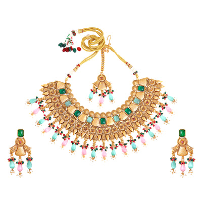 Estele Gold Plated Traditional Multi-color Matte Choker Necklace Set with Earrings and Maang Tikka - Beautiful Bridal Jewelry & Statement for Women