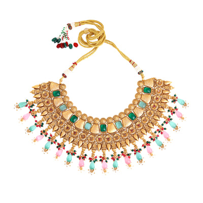 Estele Gold Plated Traditional Multi-color Matte Choker Necklace Set with Earrings and Maang Tikka - Beautiful Bridal Jewelry & Statement for Women