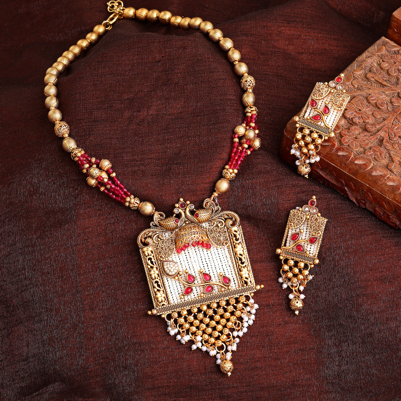 Estele Gold Plated Traditional Temple Long Haram Matt Finish Necklace set with Ruby Beads & White Pearls for Women