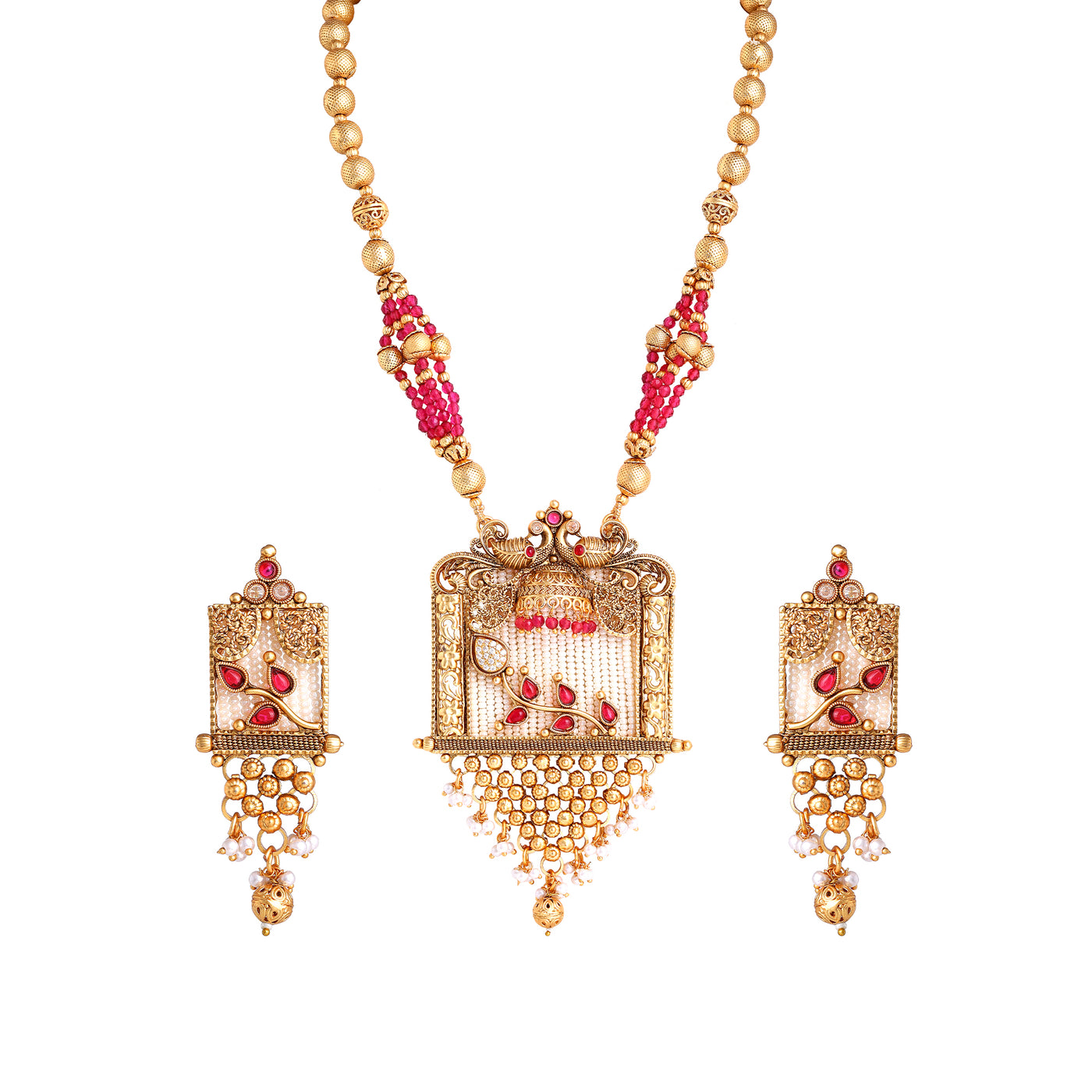 Estele Gold Plated Traditional Temple Long Haram Matt Finish Necklace set with Ruby Beads & White Pearls for Women