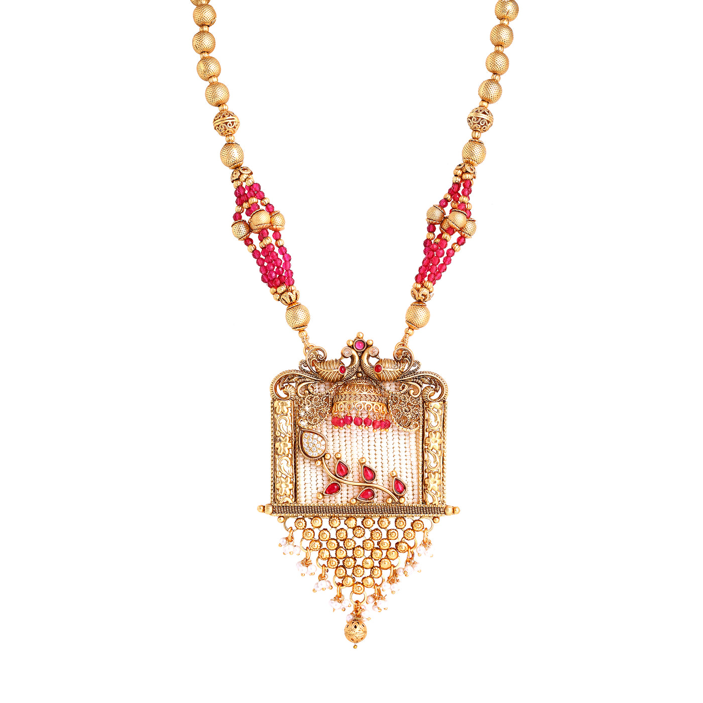 Estele Gold Plated Traditional Temple Long Haram Matt Finish Necklace set with Ruby Beads & White Pearls for Women