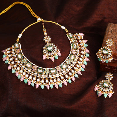 Estele Dazzling Multi-Color Elegant Polki/ Kundan Necklace Set with Earrings & 1 Maang Tikka for Women