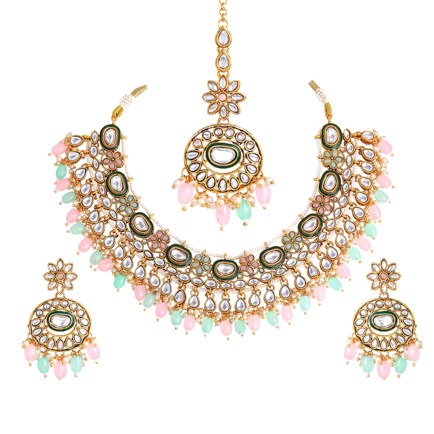 Estele Dazzling Multi-Color Elegant Polki/ Kundan Necklace Set with Earrings & 1 Maang Tikka for Women