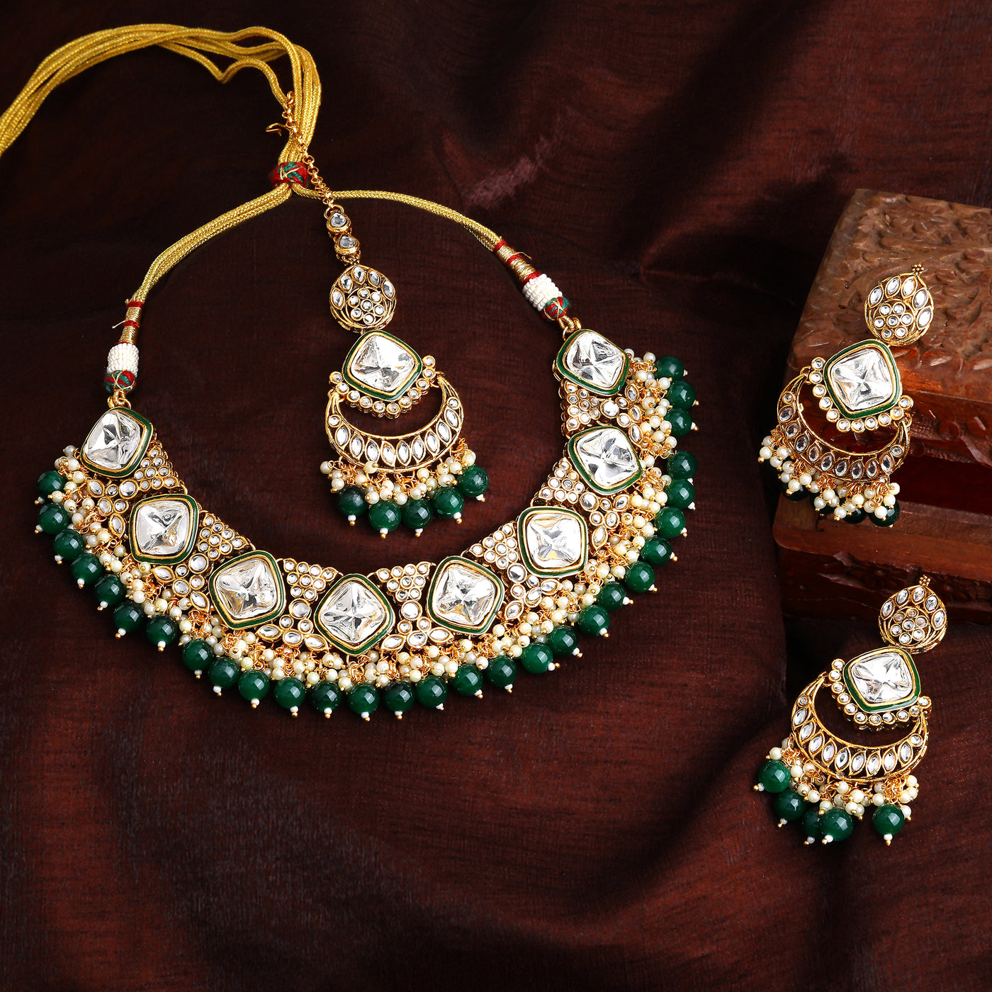 Estele Gold Plated Stunning White Kundan/Polki Necklace Set & Maang Tikka with Green Beads for Women