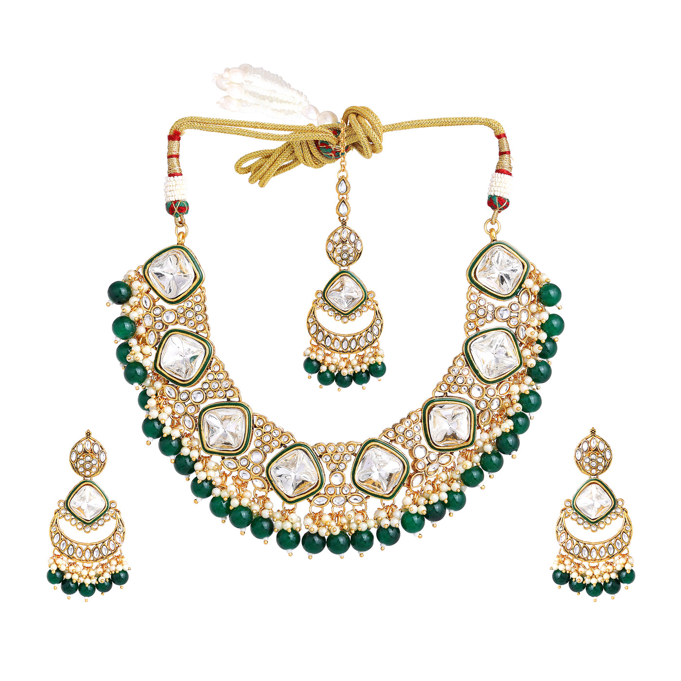 Estele Gold Plated Stunning White Kundan/Polki Necklace Set & Maang Tikka with Green Beads for Women