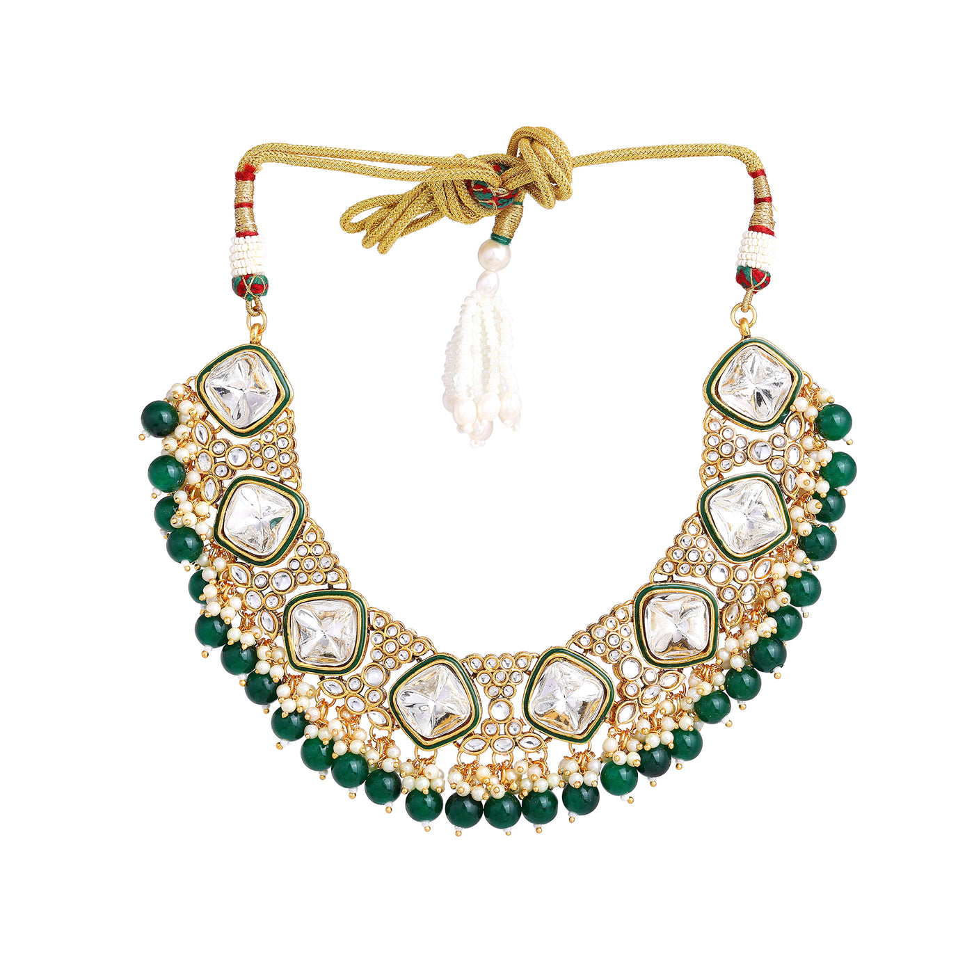 Estele Gold Plated Stunning White Kundan/Polki Necklace Set & Maang Tikka with Green Beads for Women