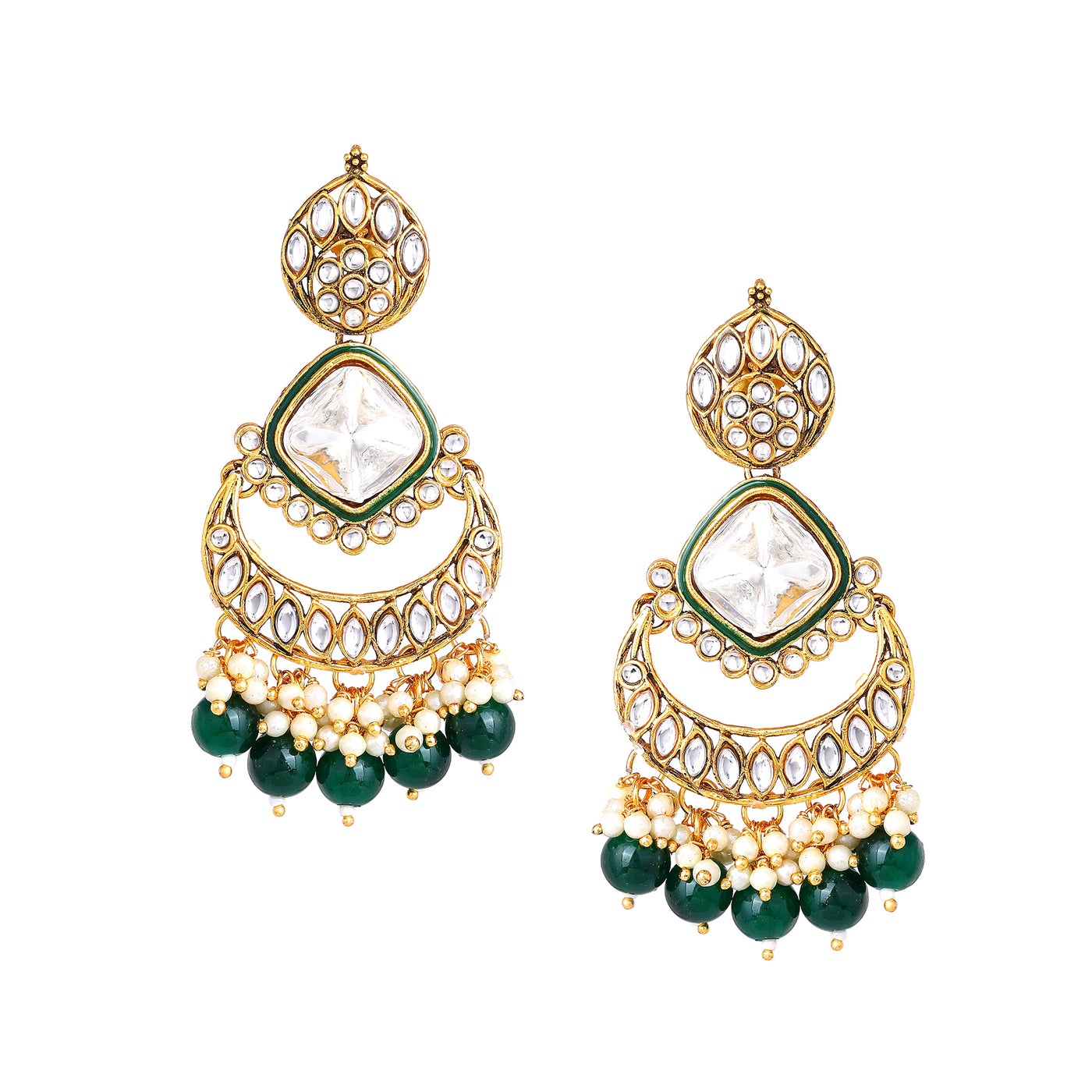 Estele Gold Plated Stunning White Kundan/Polki Necklace Set & Maang Tikka with Green Beads for Women