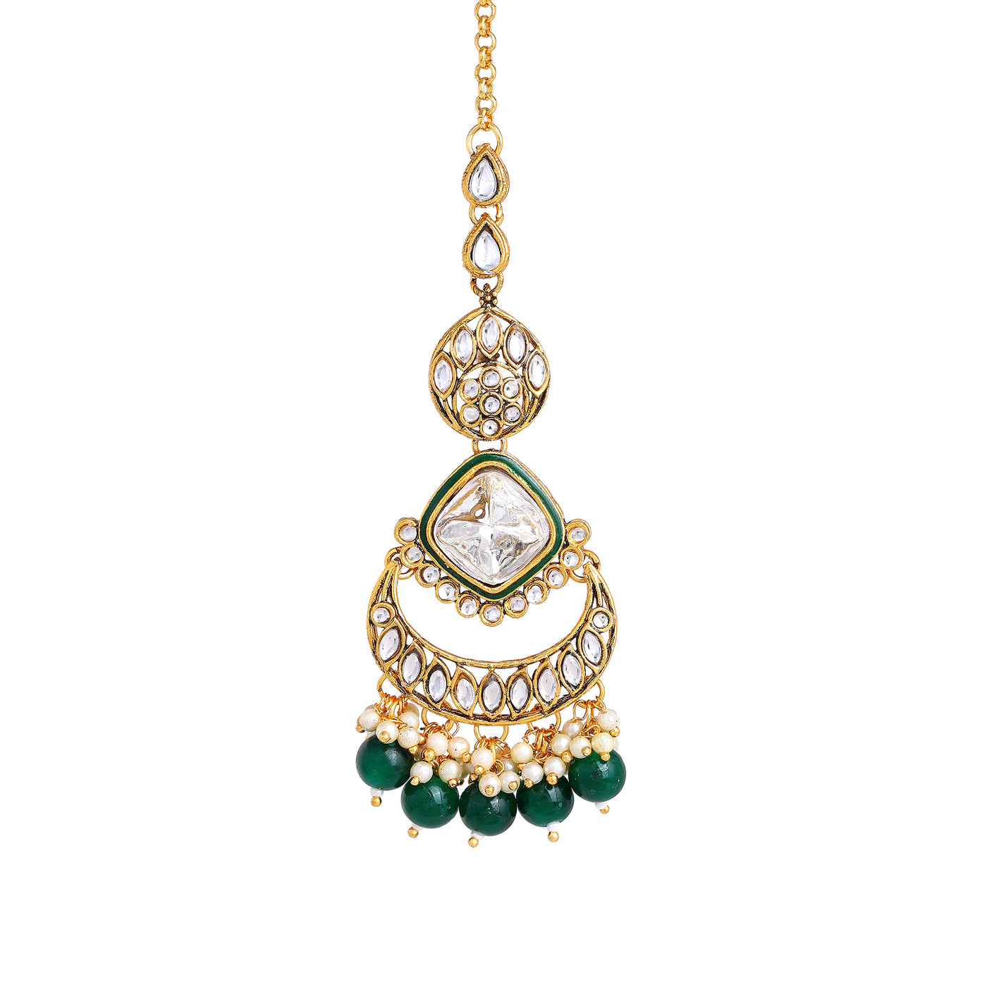 Estele Gold Plated Stunning White Kundan/Polki Necklace Set & Maang Tikka with Green Beads for Women