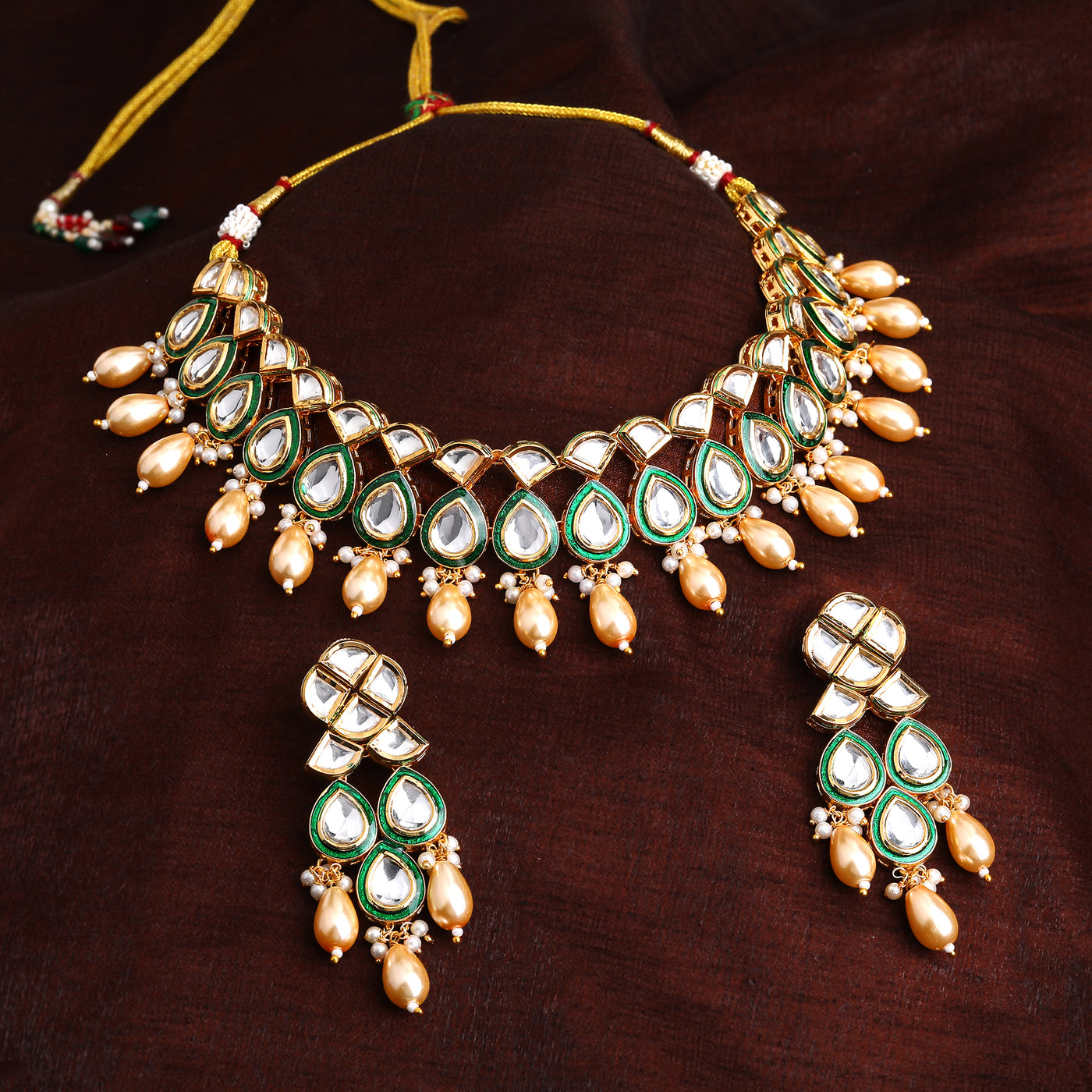 Estele Gold Plated Luxurious White Kundan/Polki Traditional Necklace Set with Cream Beads for Women