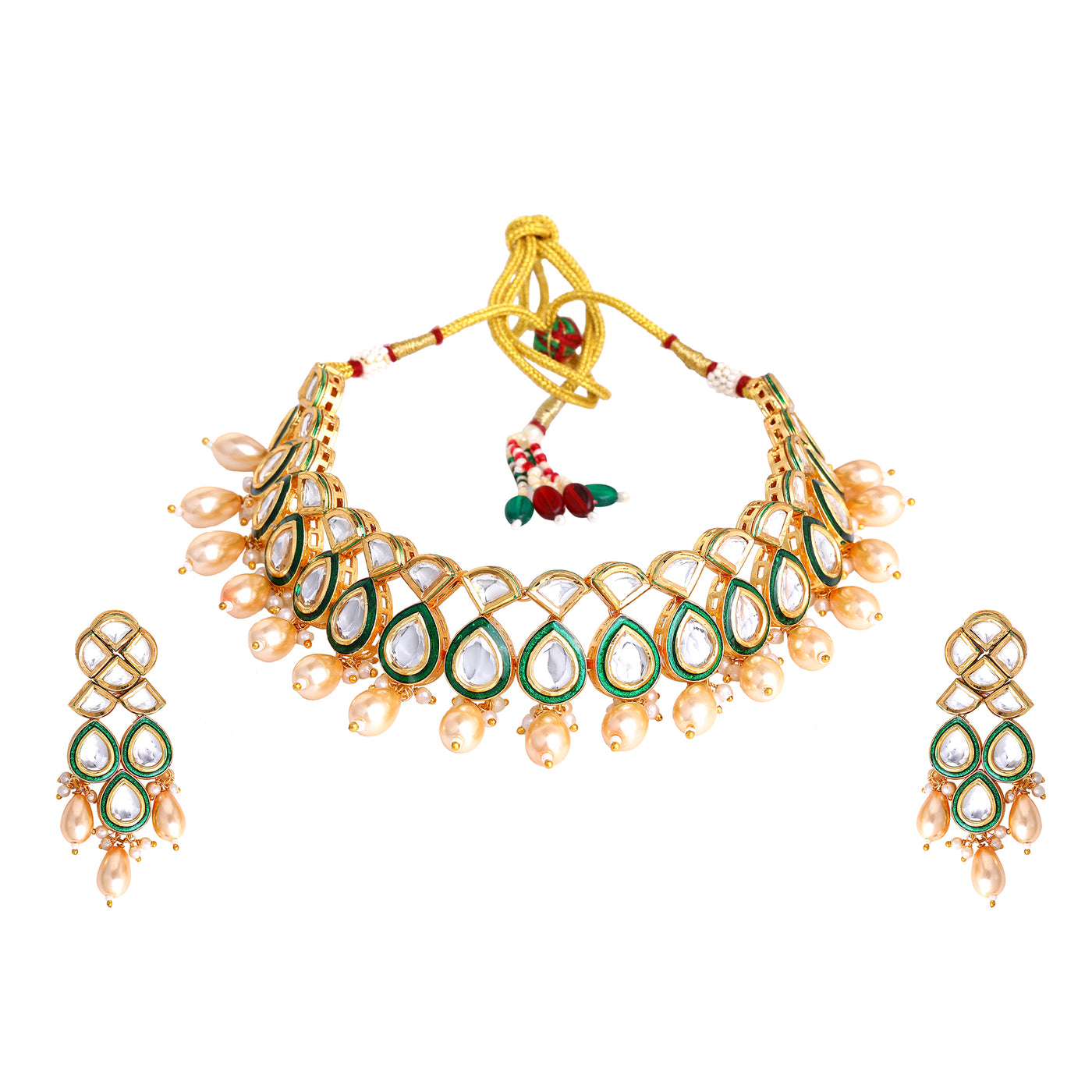 Estele Gold Plated Luxurious White Kundan/Polki Traditional Necklace Set with Cream Beads for Women