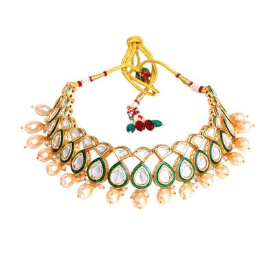 Estele Gold Plated Luxurious White Kundan/Polki Traditional Necklace Set with Cream Beads for Women