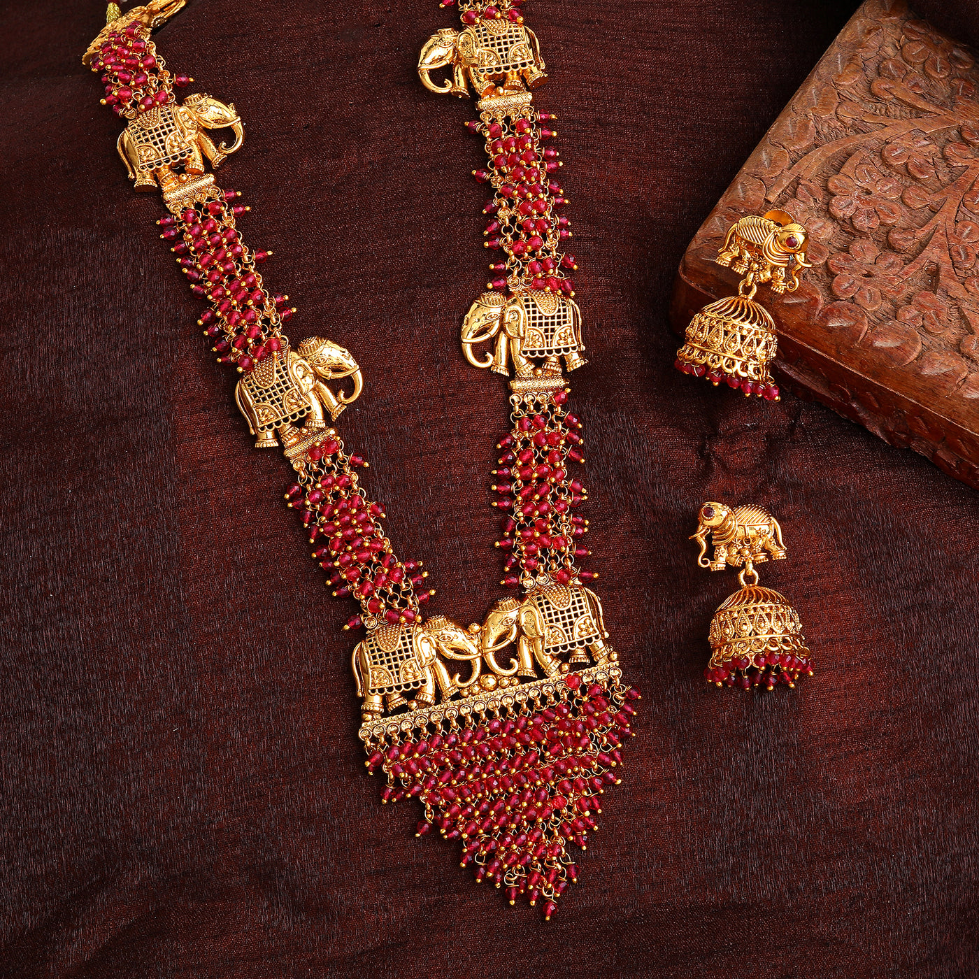 Estele Matt Gold Finish Elephant Design Traditional Temple Long Haram/Necklace set with Ruby Beads for Women