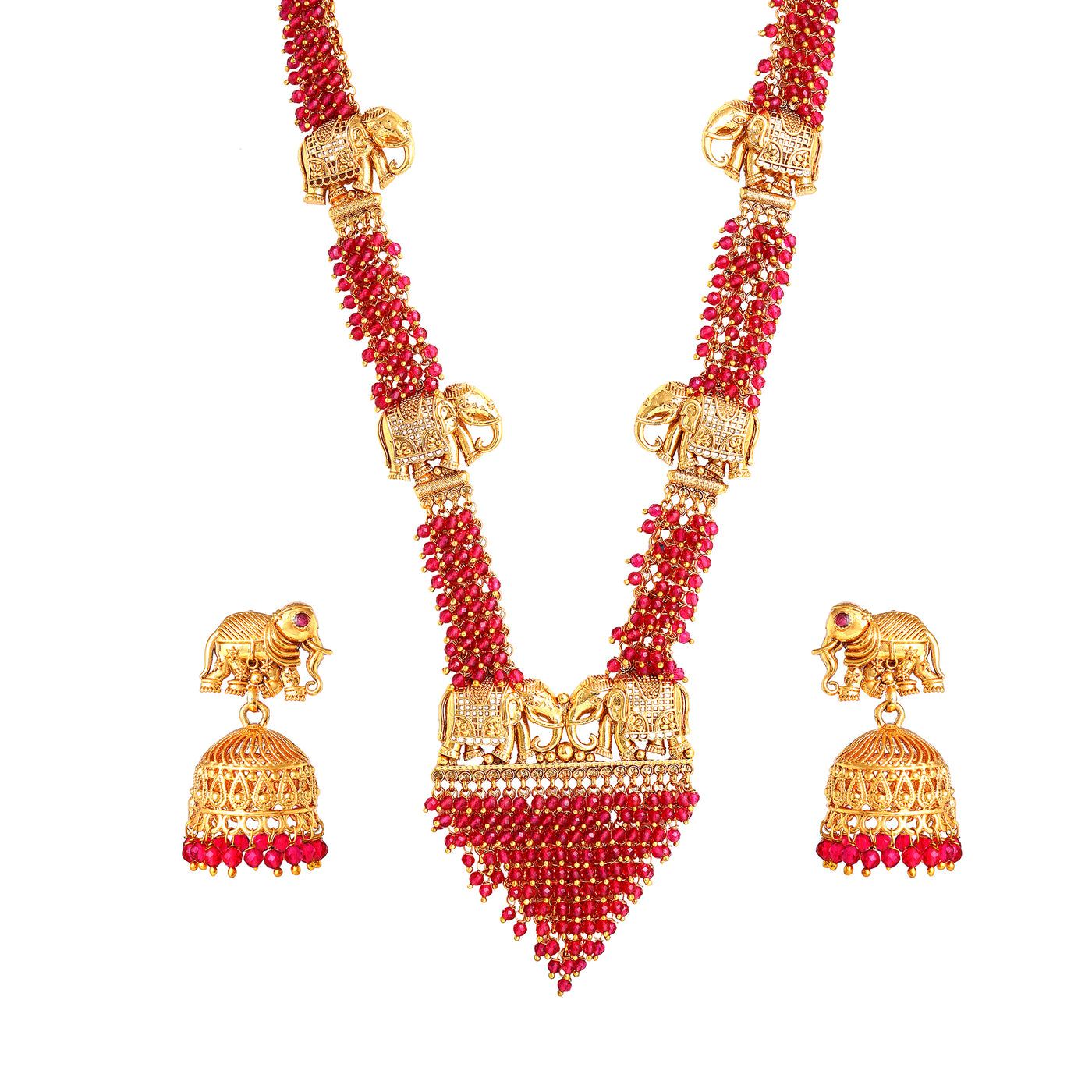 Estele Matt Gold Finish Elephant Design Traditional Temple Long Haram/Necklace set with Ruby Beads for Women