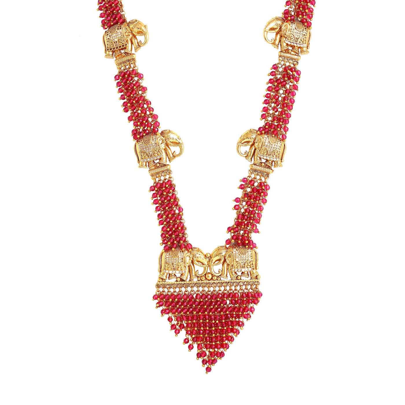 Estele Matt Gold Finish Elephant Design Traditional Temple Long Haram/Necklace set with Ruby Beads for Women