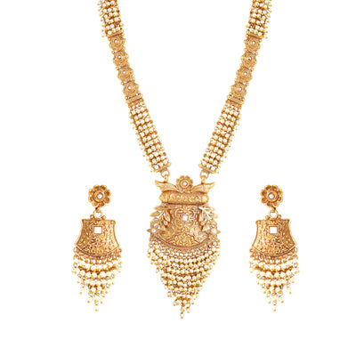 Estele Matt Gold Finish Traditional Temple Long Necklace Set Featuring Exquisite Floral Patterns and White Pearls for Women