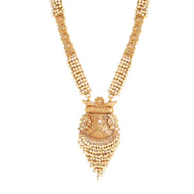 Estele Matt Gold Finish Traditional Temple Long Necklace Set Featuring Exquisite Floral Patterns and White Pearls for Women