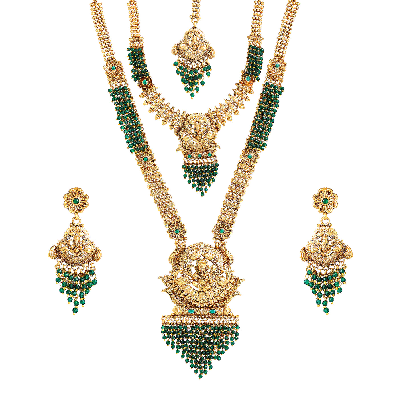 Estele Matt Gold Traditional Bridal Jewelry Set: Elegant Green Beads with Matching Earrings & Maang Tikka for Women