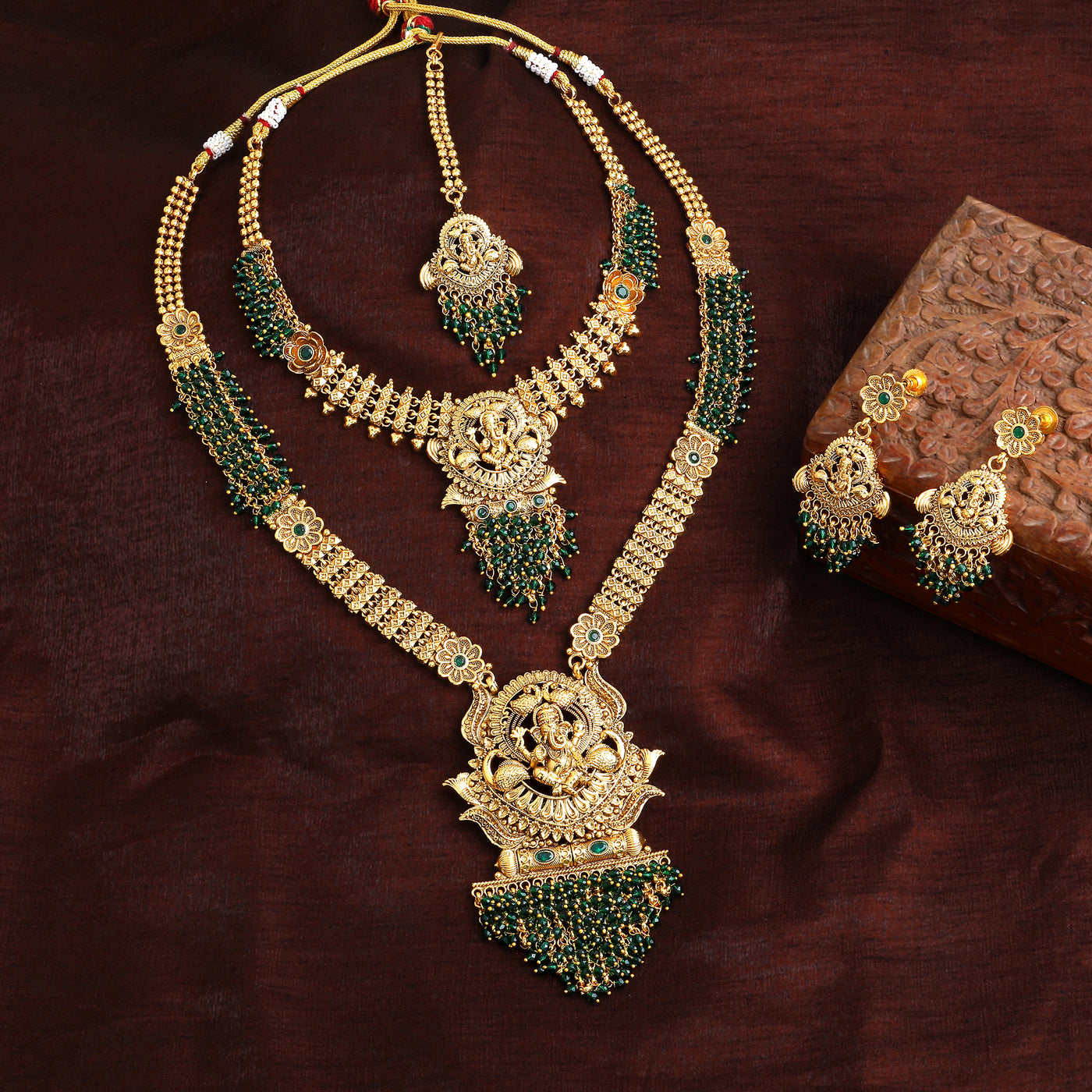 Estele Matt Gold Traditional Bridal Jewelry Set: Elegant Green Beads with Matching Earrings & Maang Tikka for Women