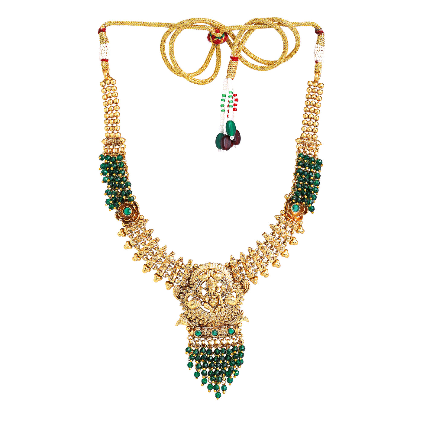 Estele Matt Gold Traditional Bridal Jewelry Set: Elegant Green Beads with Matching Earrings & Maang Tikka for Women