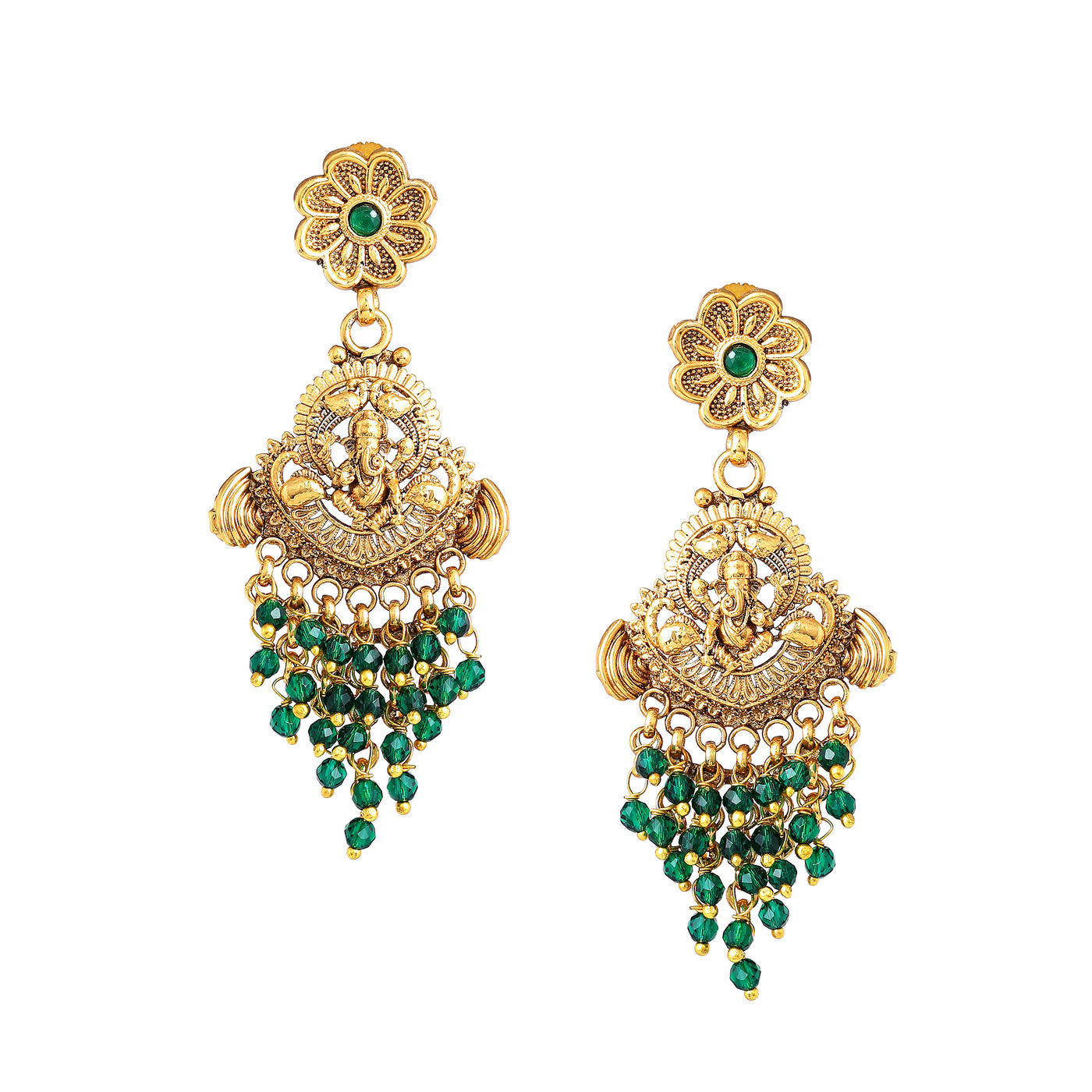 Estele Matt Gold Traditional Bridal Jewelry Set: Elegant Green Beads with Matching Earrings & Maang Tikka for Women