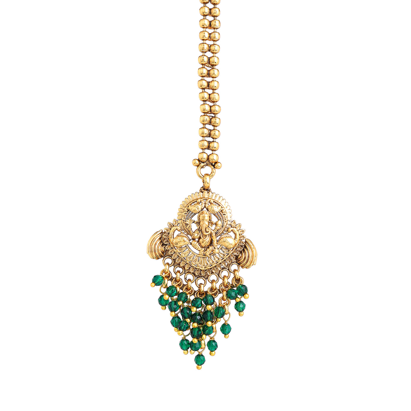 Estele Matt Gold Traditional Bridal Jewelry Set: Elegant Green Beads with Matching Earrings & Maang Tikka for Women