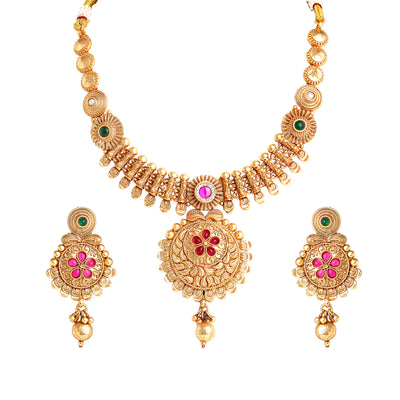 Estele Gold Plated Latest & Trendy Floral Pattern Matt Finish Temple Necklace set with Ruby & Green Stones for Women